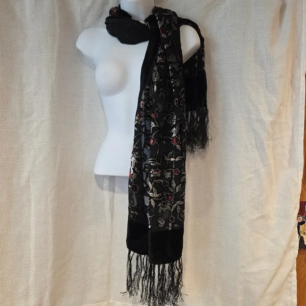 Vintage 100% Silk Velvet‎ Burnout Rectangular Scarf